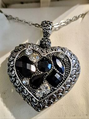 Heart Pendant Hollow  Necklace with Black Onyx  Stones -sterling Silver